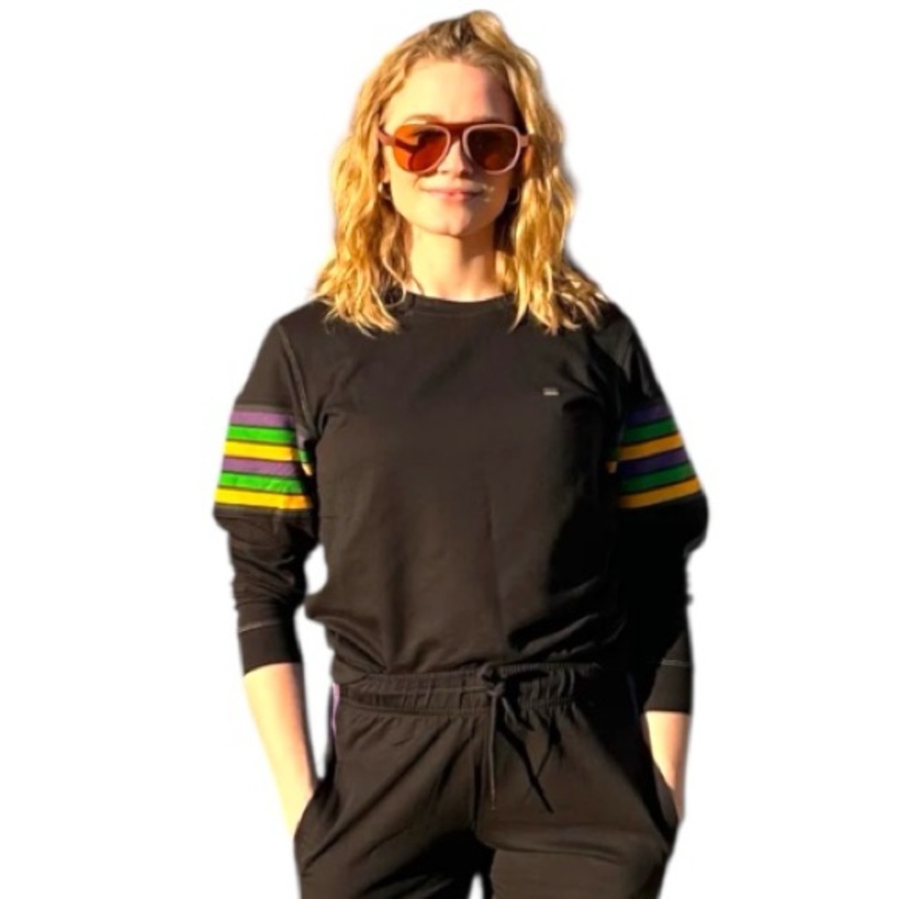 Mardi Gras Black French Terry Unisex Stripes Pullover Long Sleeve Shirt, Sz: Sm